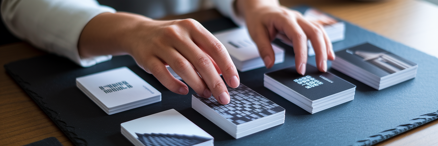 Hands organizing design reference cards