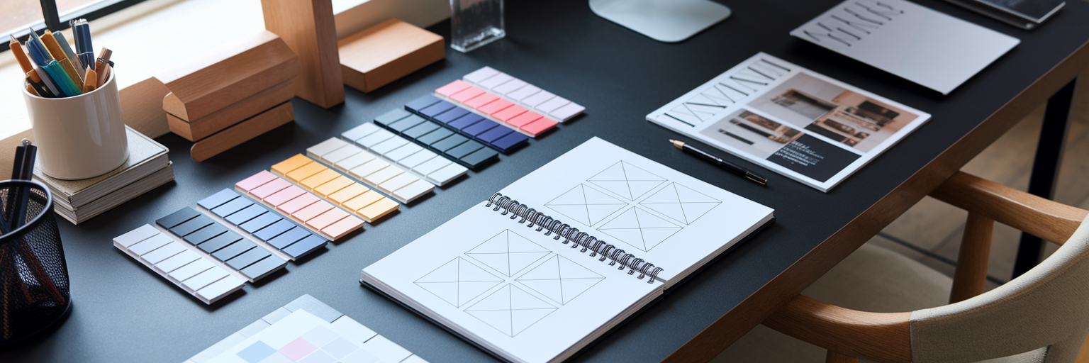 Organized designer desk with sketchbooks and swatches.