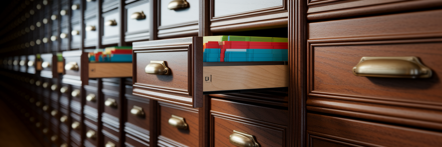 Wooden card catalog representing organized digital files.