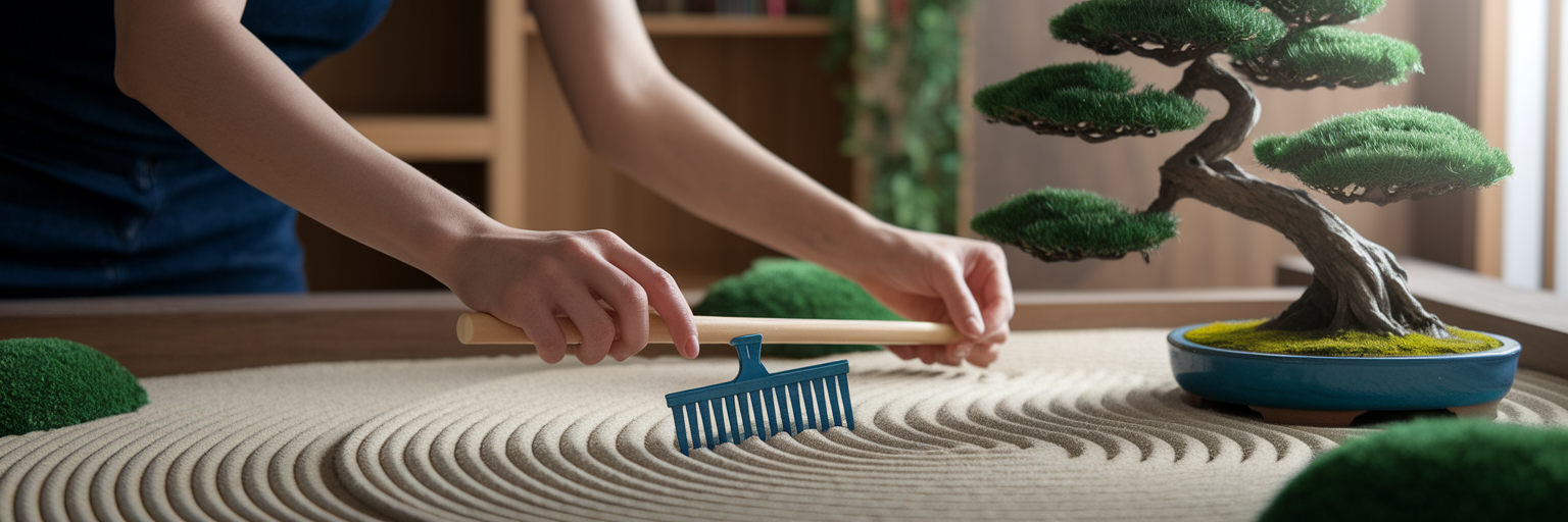 Person carefully maintaining a zen garden.