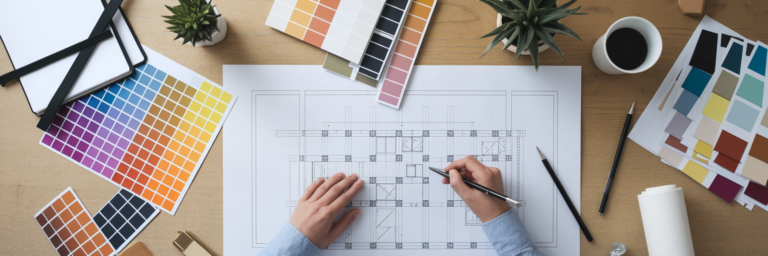 Organized designer desk with project blueprints.