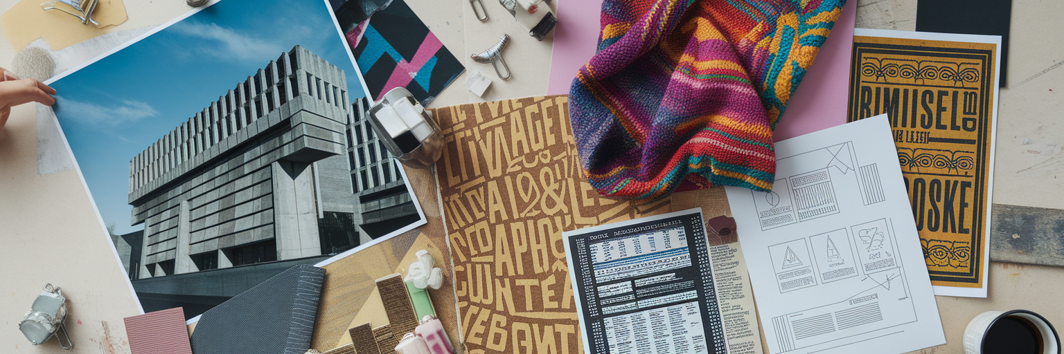 Creative swipe file collage on studio wall.