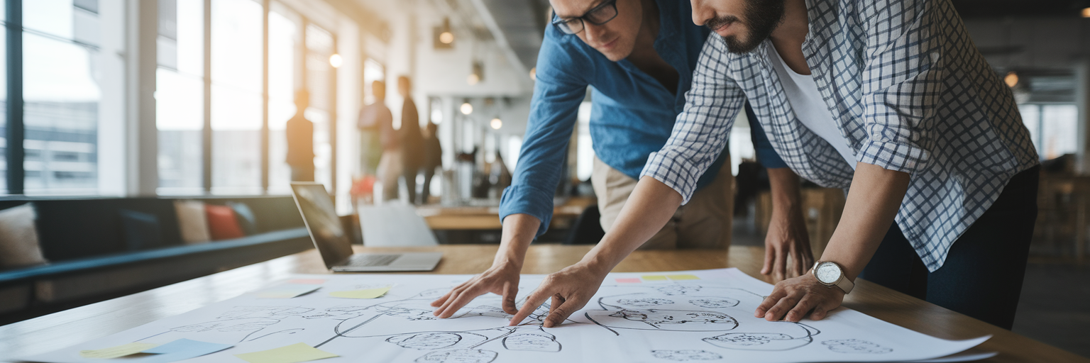 Two creatives collaborating over a mind map