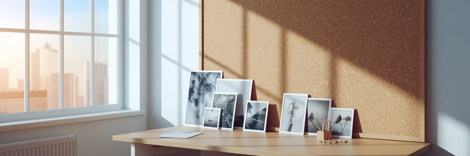 Empty corkboard in sunlit artist studio.