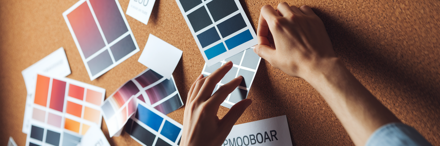 Hands arranging a physical design moodboard.