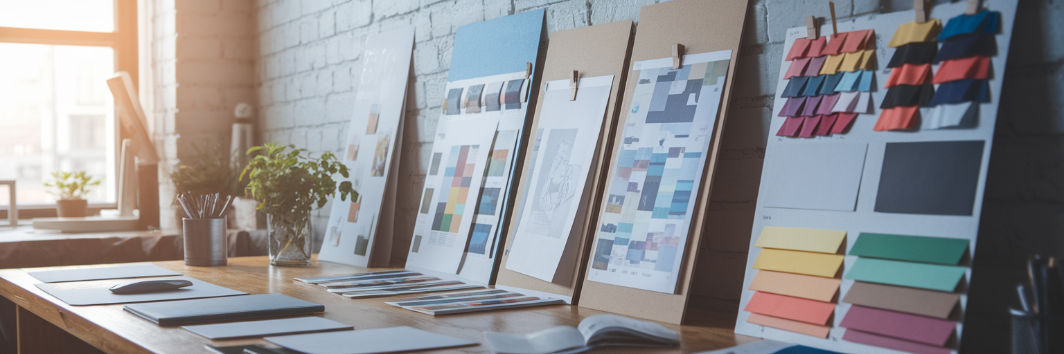 Organized designer desk with physical mood boards.