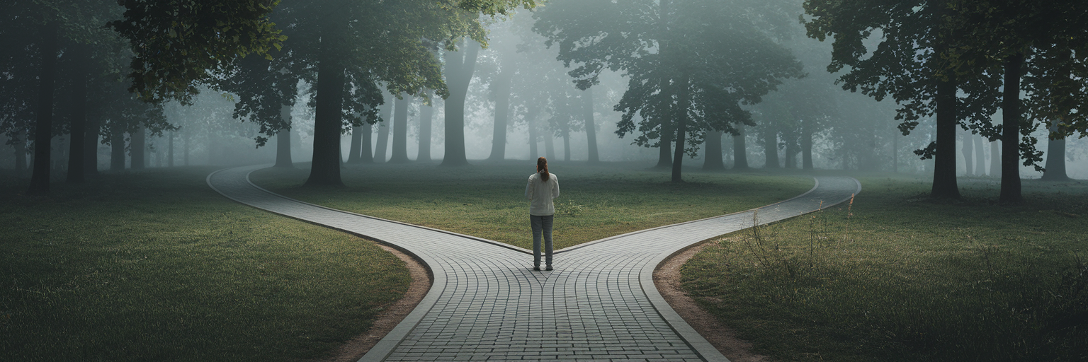 Person at a crossroads in a forest.