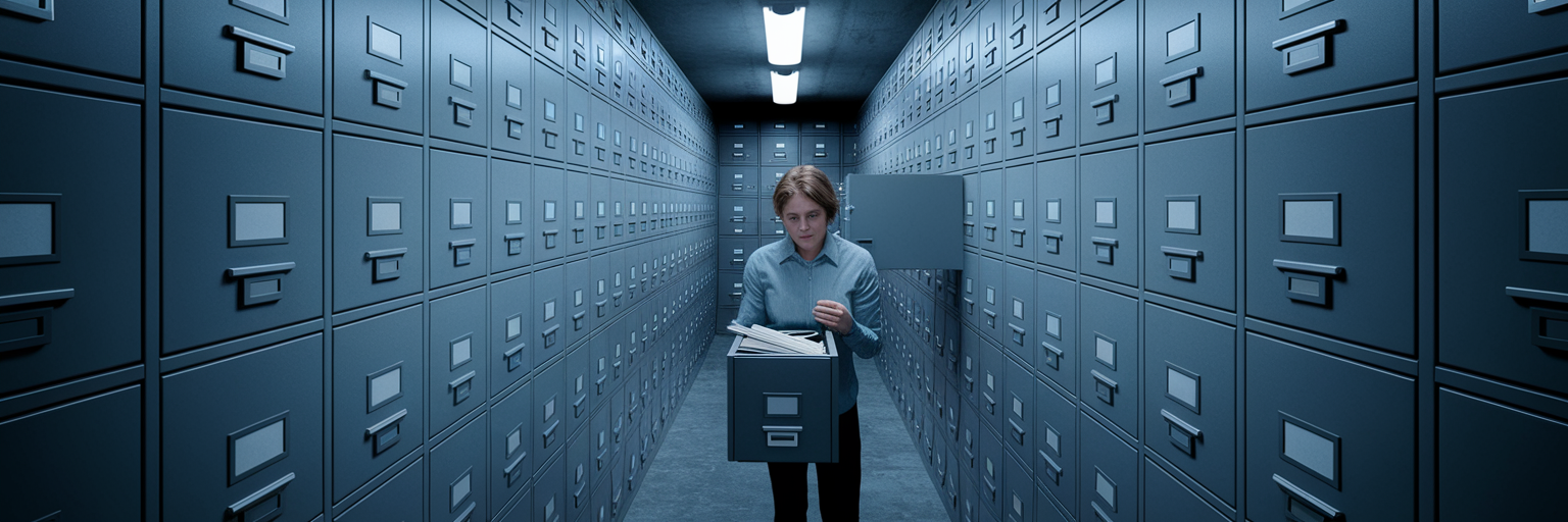 Person searching frustrated in a disorganized archive.