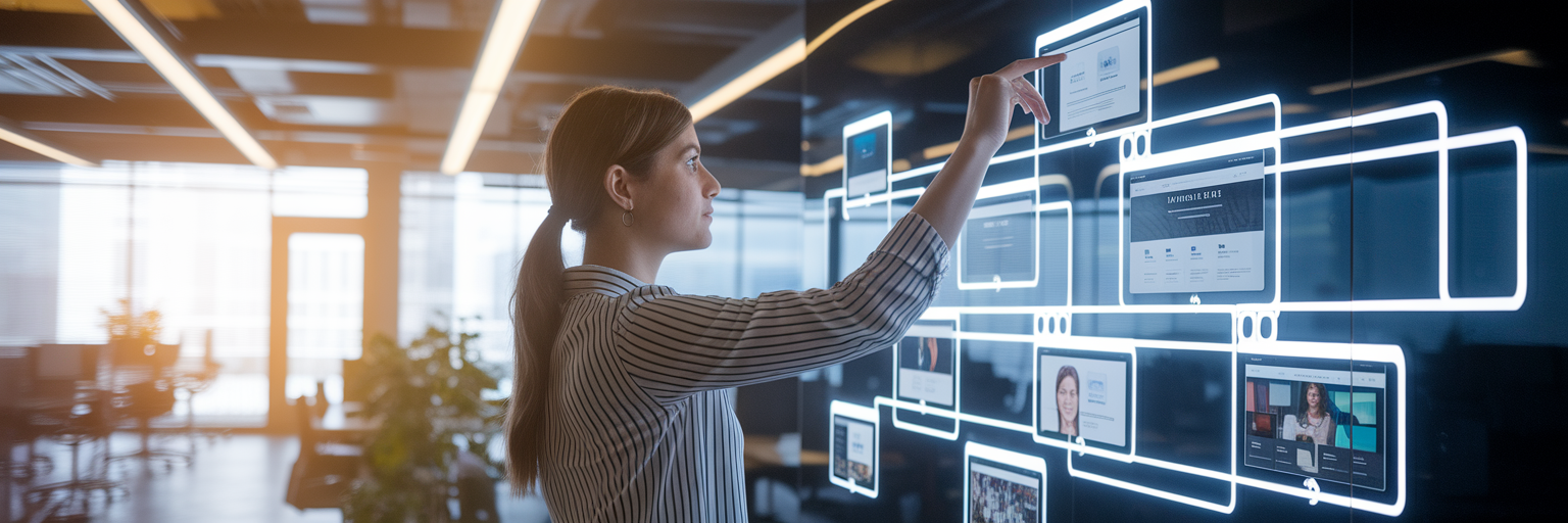 Designer organizing visual tiles on interactive wall.