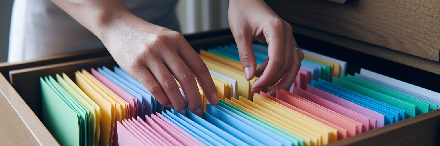 Hands organizing colorful file folders.