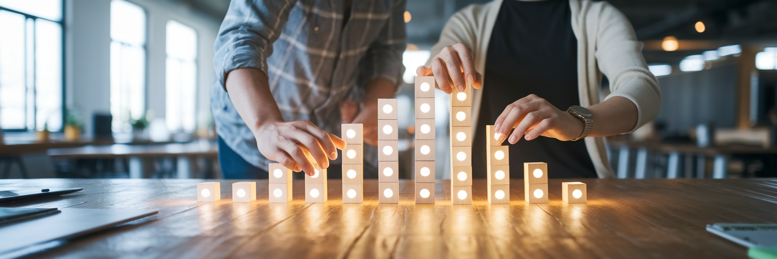 Two creatives collaborating with glowing idea blocks