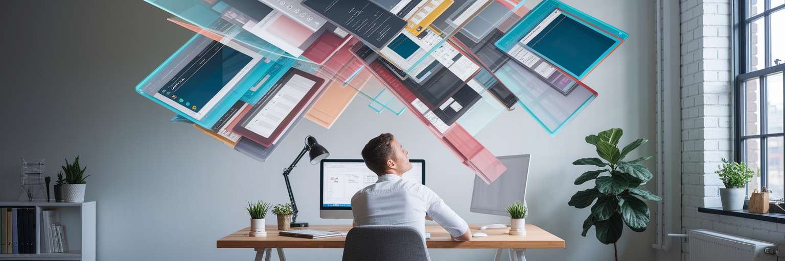 Artist looking at floating digital clutter
