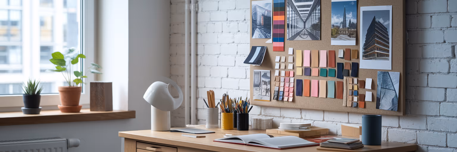 Physical moodboard with organized creative inspiration.