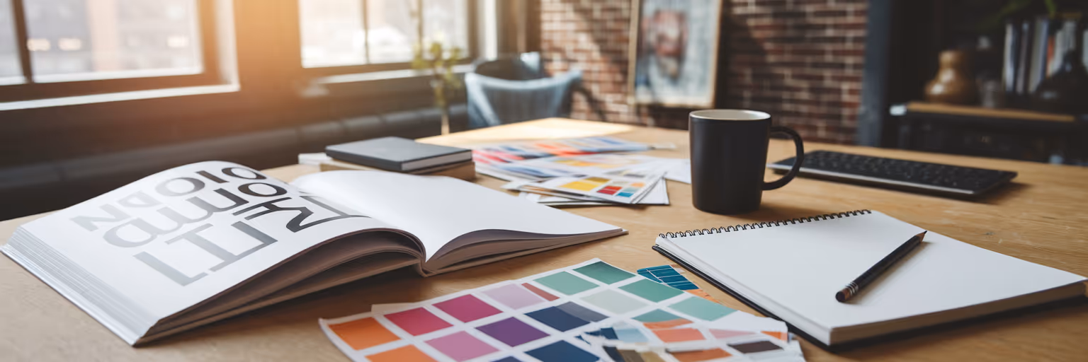 Creative's desk with art book and sketchbook.