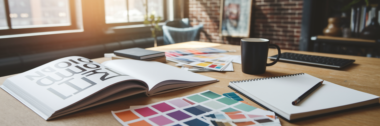 Creative's desk with art book and sketchbook.