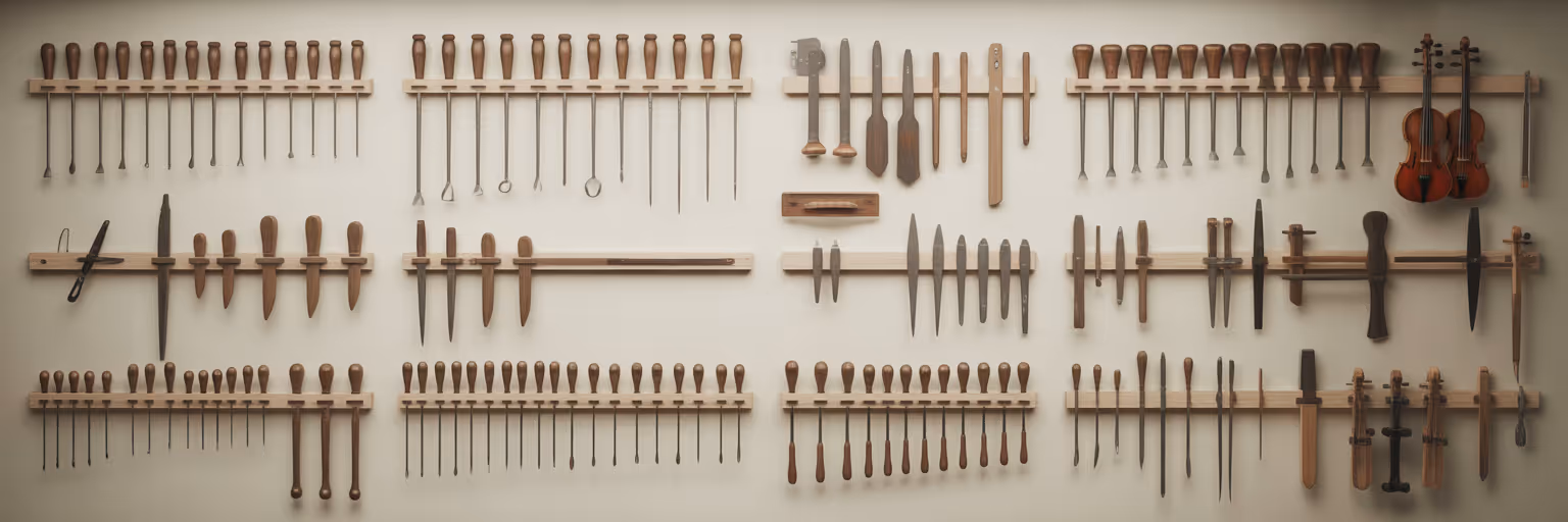 Organized luthier tools on a workshop wall.
