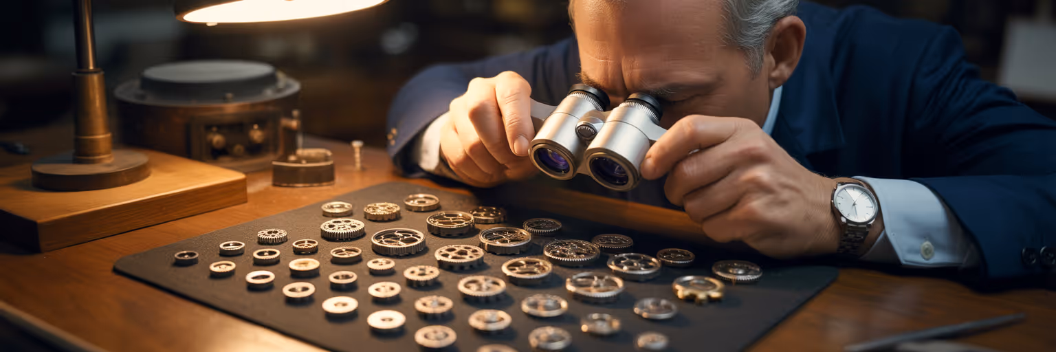 Watchmaker using a precise tool to sort gears.