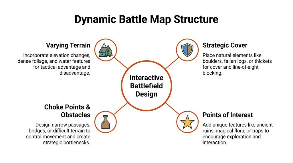 A diagram outlining the key principles for designing a dynamic D&D forest battle map with interactive features.