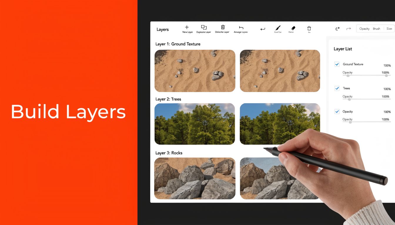 A digital design interface showing layers of ground, trees, and rocks for creating a tabletop battle map.