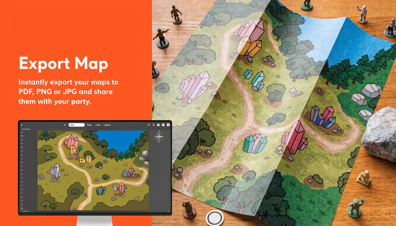 A printed fantasy forest map with crystals alongside a computer screen showing digital map design software.