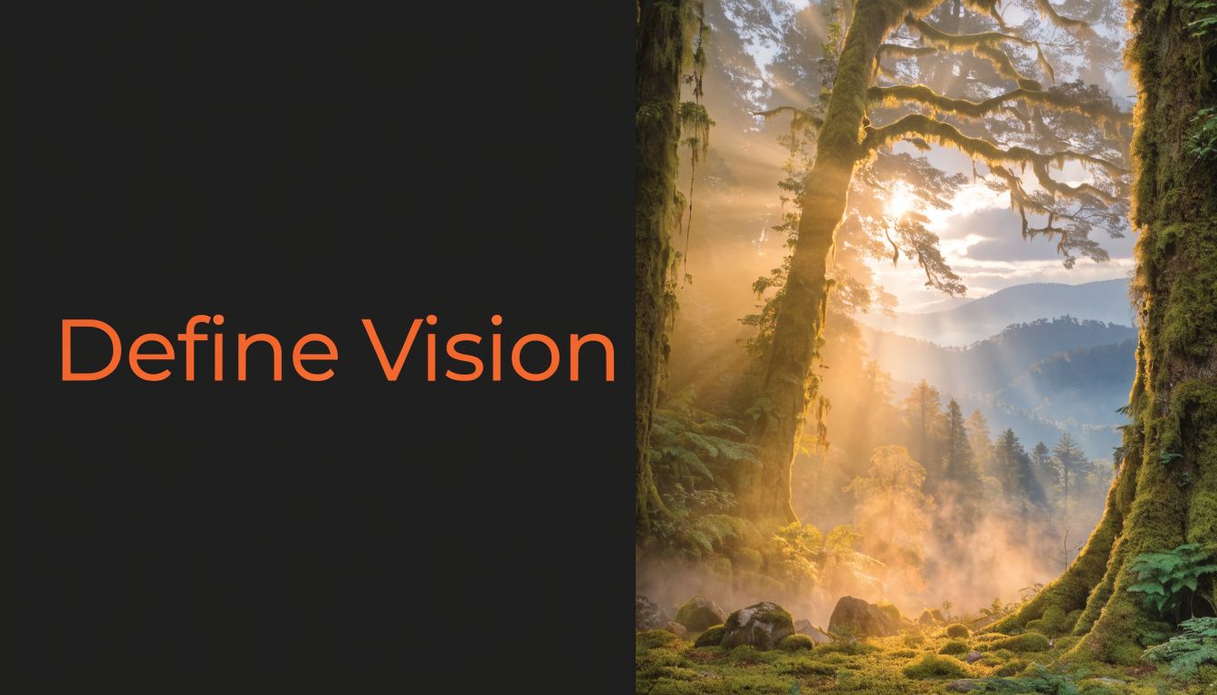 The phrase Define Vision in orange text next to a sunlit, misty, moss-covered temperate rainforest landscape.