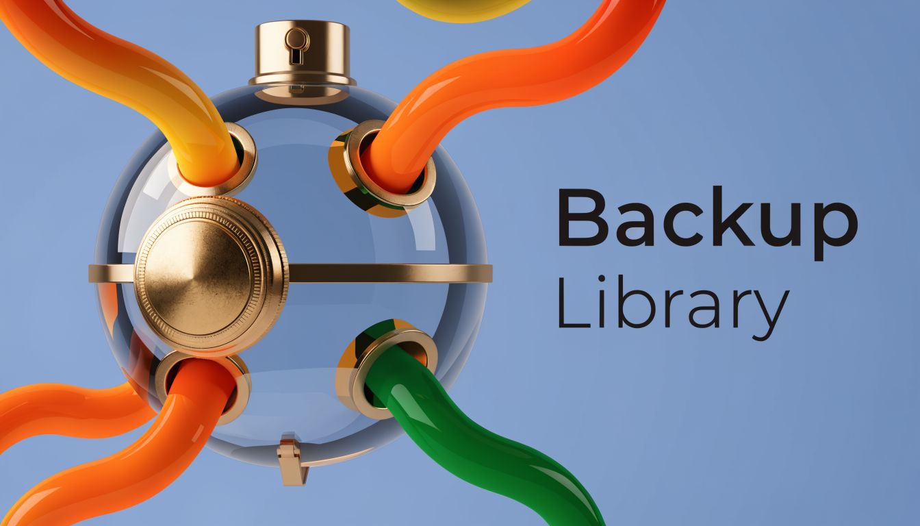 A 3D render of a glass sphere with gold accents and colorful tentacle cables titled Backup Library.