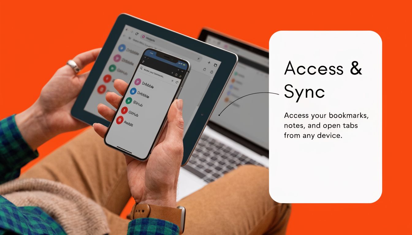 A person holding a tablet and smartphone showing synchronized browser tabs and bookmarks on multiple devices.
