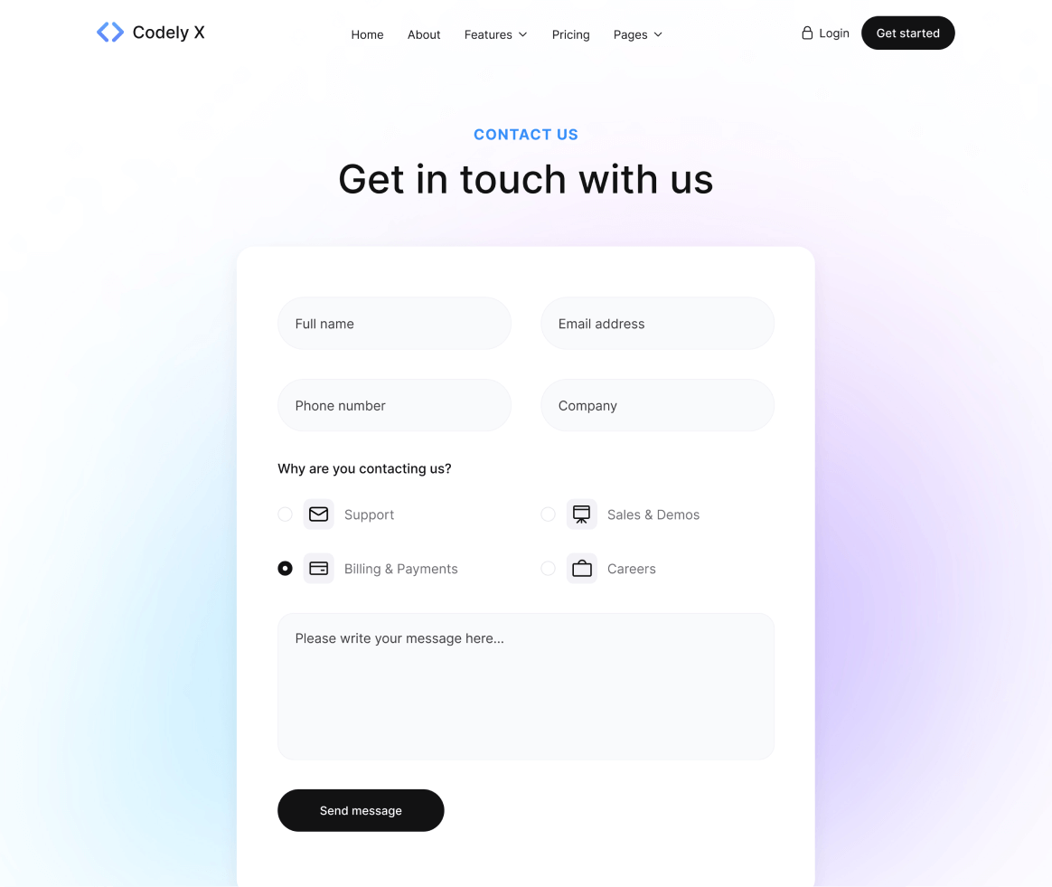 Codely X - Contact page - B2B SaaS Startup Webflow Template