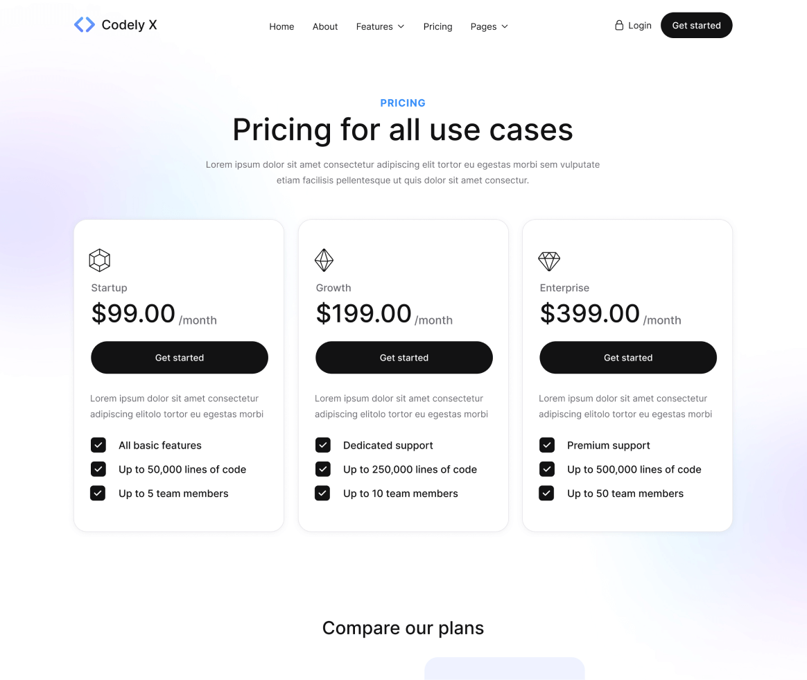 Codely X - Pricing page - B2B SaaS Startup Webflow Template