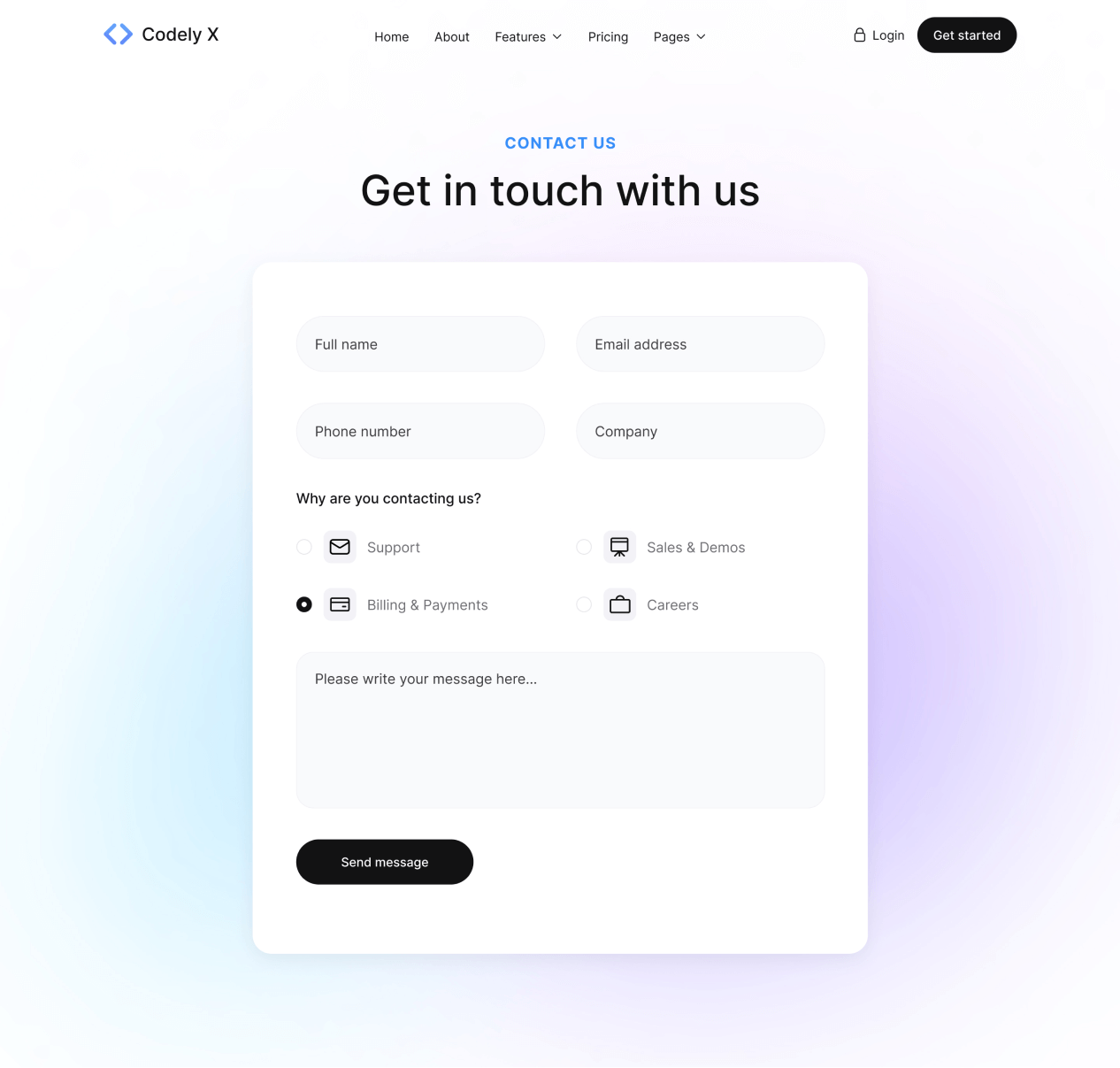 Codely X - Contact page - B2B SaaS Startup Webflow Template