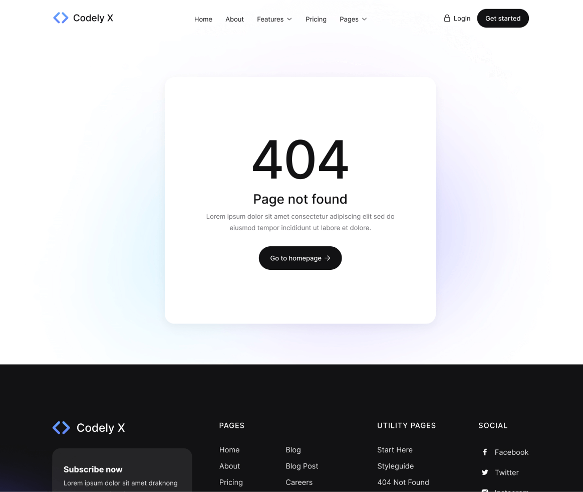 Codely X - 404 not found page - B2B SaaS Startup Webflow Template