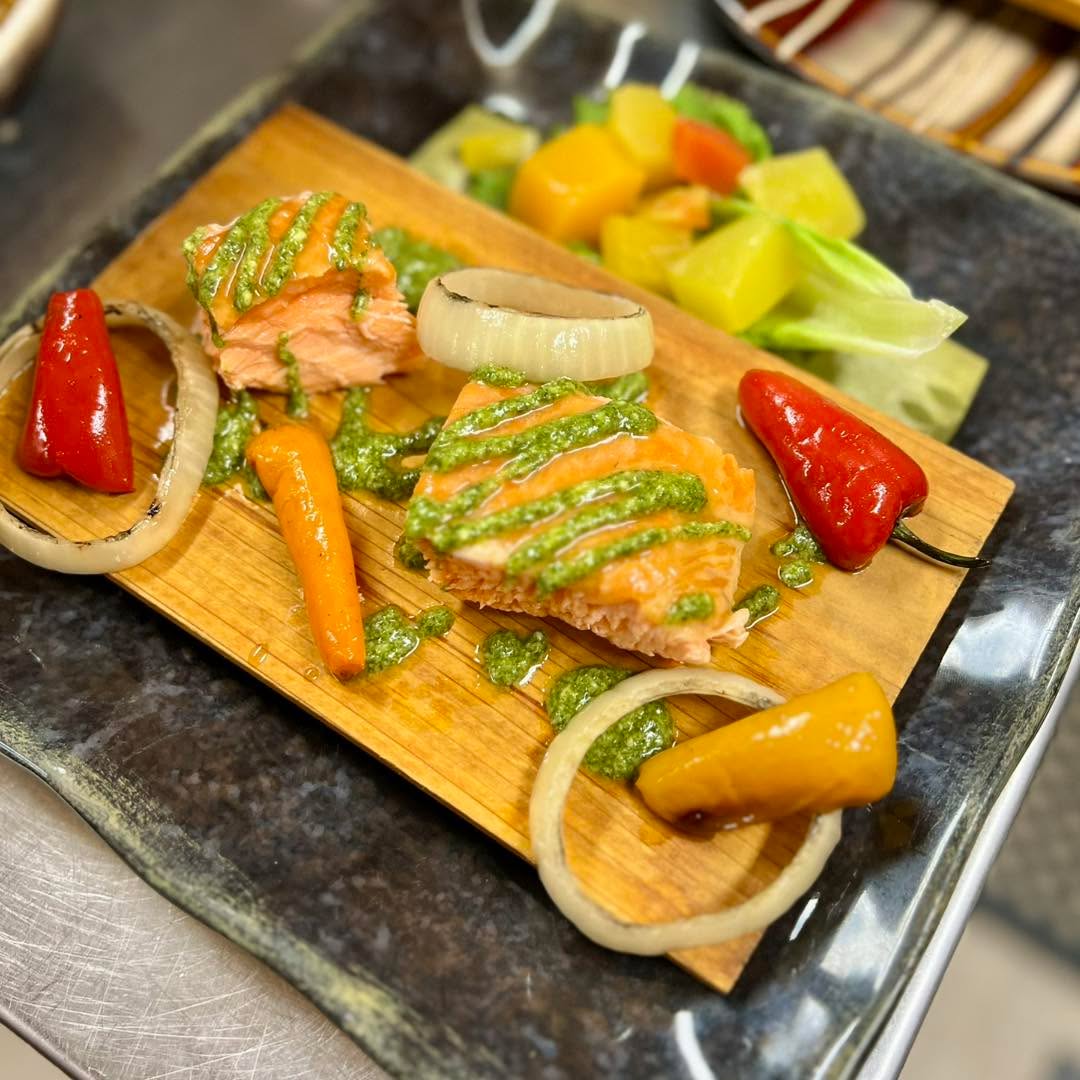 Our house-smoked Steelhead Trout with smoked vegetables and a fresh herb pesto! Available on our new summer appetizer menu. 

#summerfood #supportlocal #adirondacks #eatlocal #lakeclearlodge #adirondackalps