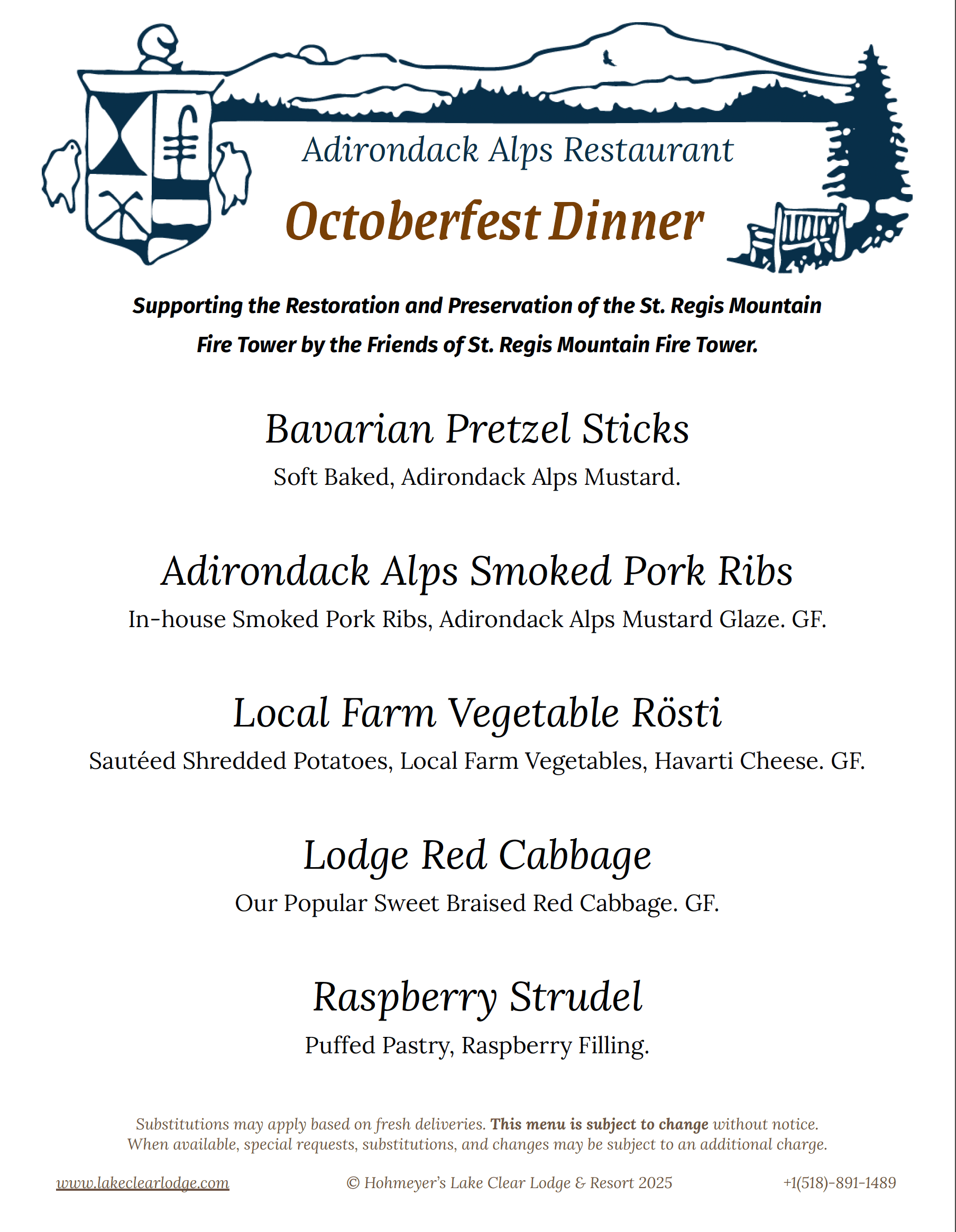 Adirondack Alps Restaurant Octoberfest Dinner Menu.