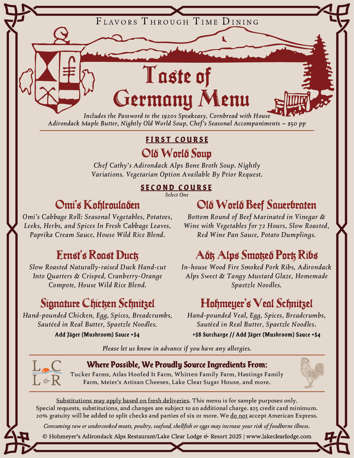 Starting this weekend at an Adirondack Alps Restaurant near you: our fall hours and Taste of Germany menu!

Reserve your table or order takeout here: https://www.lakeclearlodge.com/experiences/flavors-through-time-dining

P.S. We'll only be offering this menu for a few weekends, starting tomorrow!