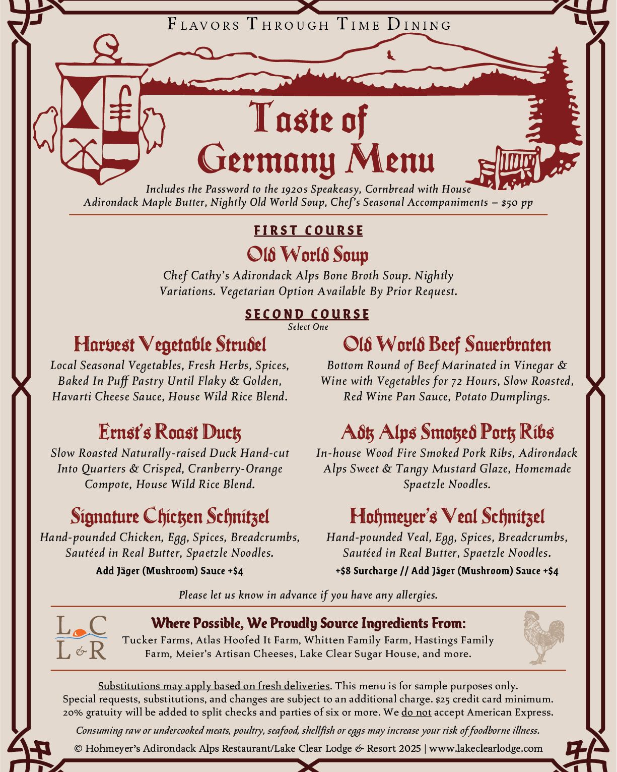 Check Out Our Fall Offerings, Hours, & Menus! 👇 

🇩🇪 Lake View Taste of Germany Dinner
Friday & Saturday: 5:00 PM – Close

Begin in the 1920s Speakeasy, then meander to your table in the Sunset Lake View Dining Room. Reservations required.

🧇 Fireside Lake View Oktoberfest Brunch
Saturday & Sunday: 11:00 AM – 2:00 PM

Savor Oktoberfest Brunch & Lunch Favorites in the Lake View Dining Room. Reservations appreciated.

Don't forget to check out our special events with Stagecoach Rides, Oktoberfest Cooking Classes, and more! 

View details of our Fall schedule here: https://www.lakeclearlodge.com/dining