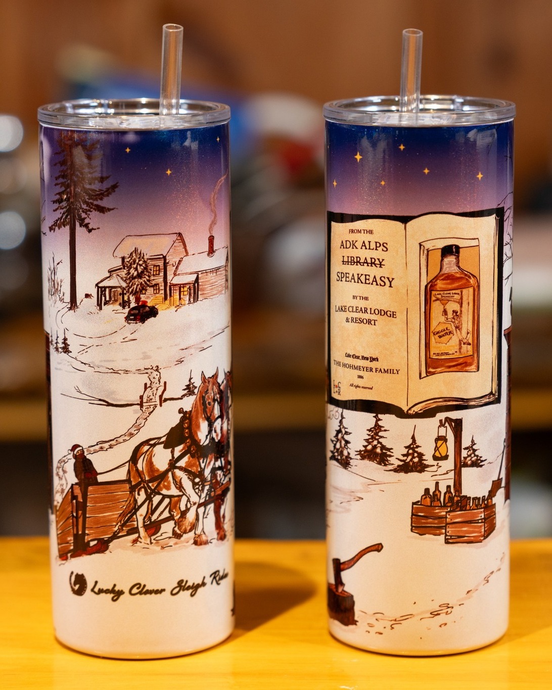 They're back! Check out our Winter 1920s Speakeasy & Sleigh Ride Stainless Steel Tumblers; choose from a Holographic Shimmer or limited edition Glow in the Dark finish!

Shimmer: https://shop.lakeclearlodge.com/products/1920s-speakeasy-sleigh-ride-20oz-tumbler-shimmer

Glow-in-the-Dark (Limited Edition): https://shop.lakeclearlodge.com/products/1920s-speakeasy-sleigh-ride-20oz-tumbler-glow-in-the-dark

Made-to-order by our family; available for shipping or pick-up. 😊