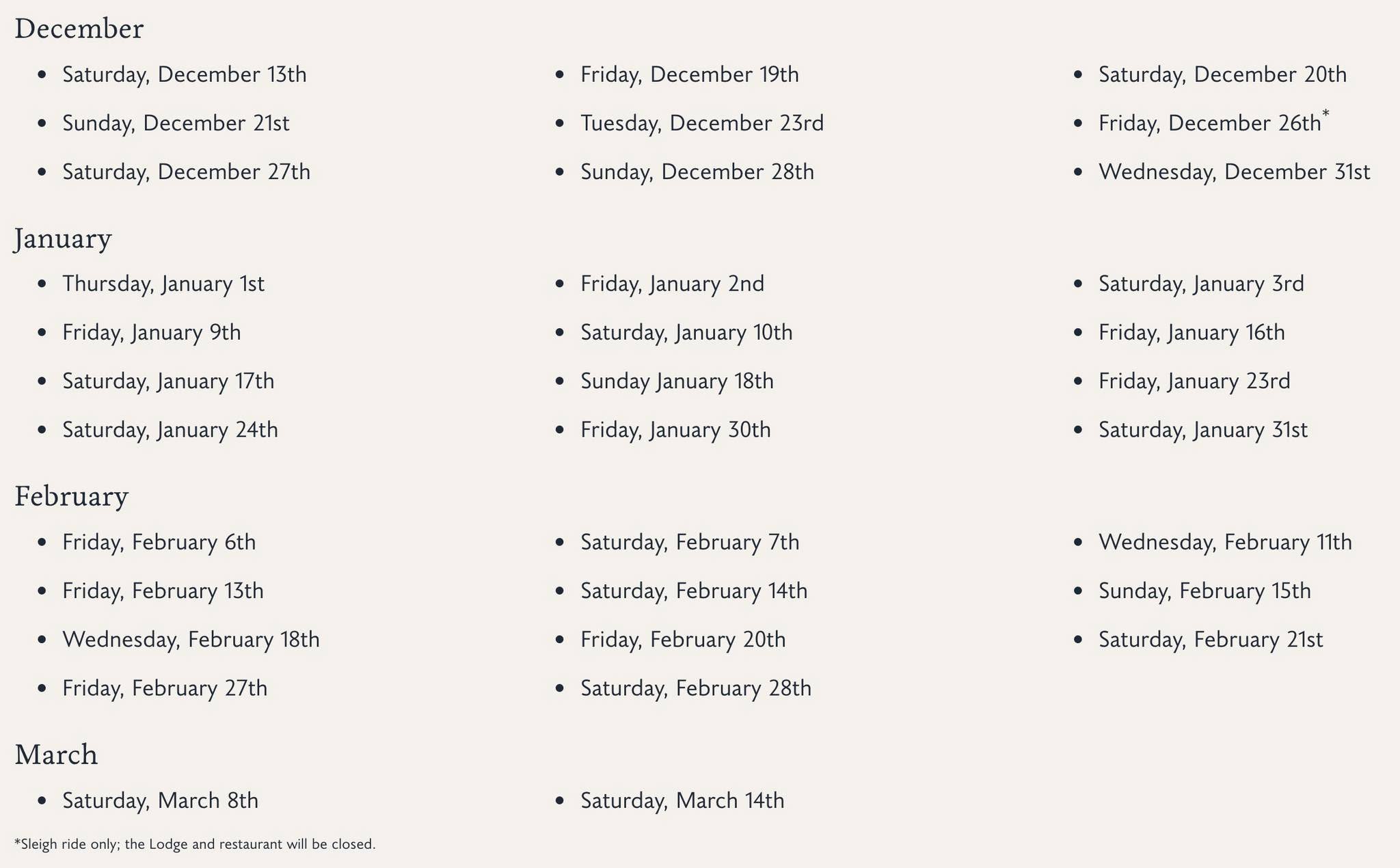 Here is the full schedule of dates for our winter season! Reservations are required and dates are occasionally added, so be sure to check our website for the most up-to-date schedule: https://www.lakeclearlodge.com/experiences/sleigh-rides.