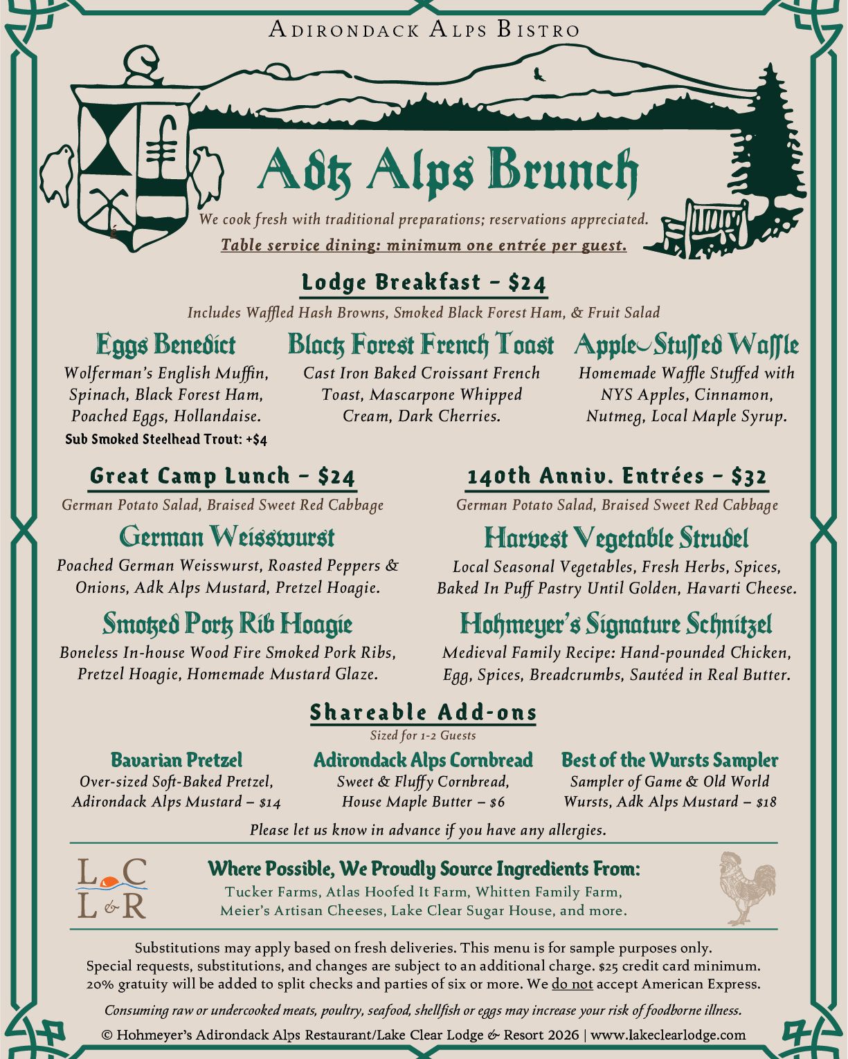 Spring and Summer menus are here for our 60th year! 

Plus, check out our Brunch and Dinner schedule for the summer:

–– 🥂 Adirondack Alps Lake View Brunch (New!) ––
Drive out or stop by on the Rail Trail from 11:00 AM – 2:00 PM!
May & June: Sundays
July & August: Saturdays & Sundays

–– 🍴 Flavors Through Time Dinner ––
May: Saturdays, 5:30 – 7:00 PM
June: Fridays & Saturdays, 5:30 – 7:00 PM
July & August: Thursday – Saturday, 5:30 – 8:00 PM

Learn more and reserve today: https://www.lakeclearlodge.com/dining

We hope to see you soon!