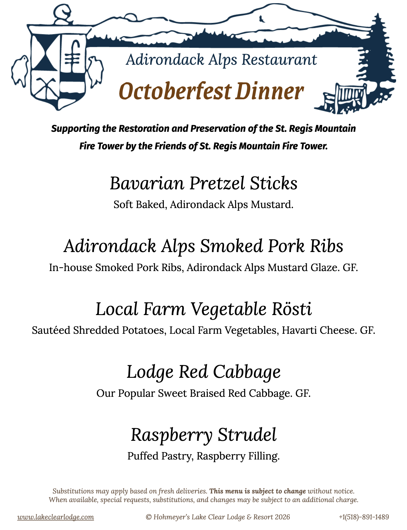 Adirondack Alps Restaurant Octoberfest Dinner Menu for the St. Regis Lighting.
