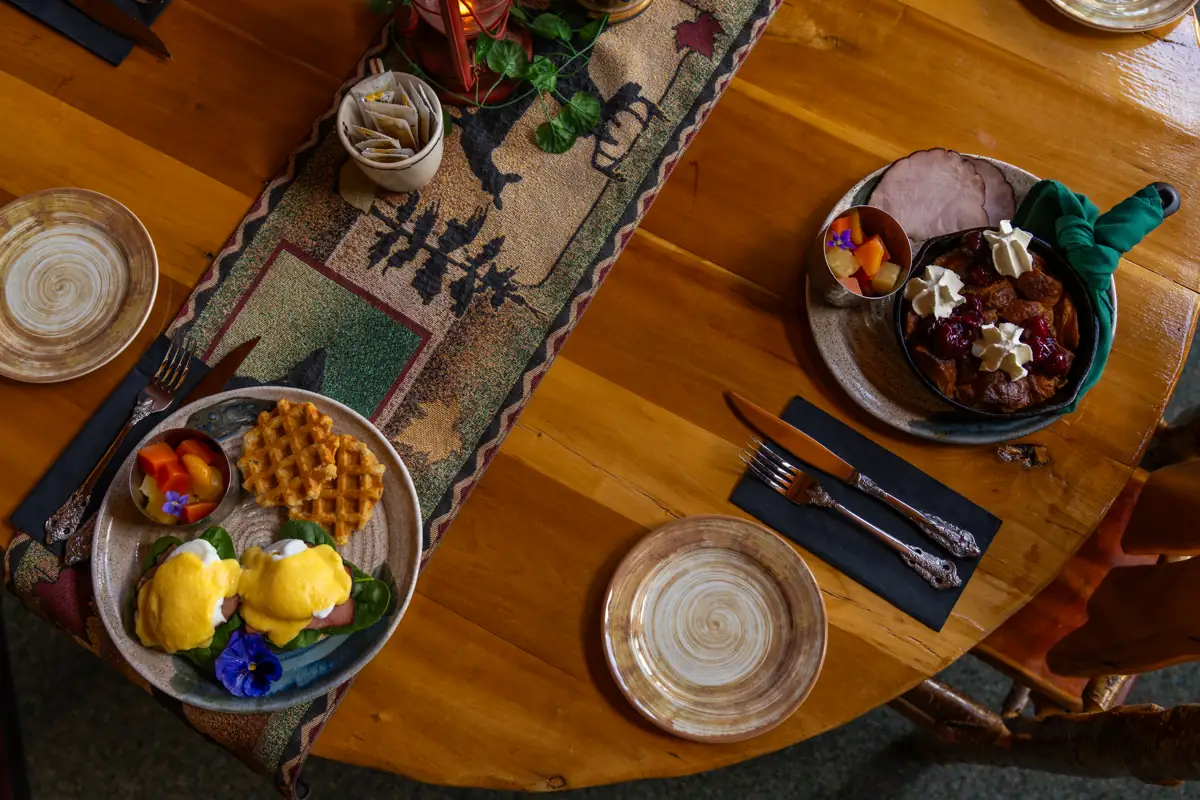 A spread of Oktoberfest Brunch at the Lake Clear Lodge with Black Forest French Toast and Eggs Benedict.
