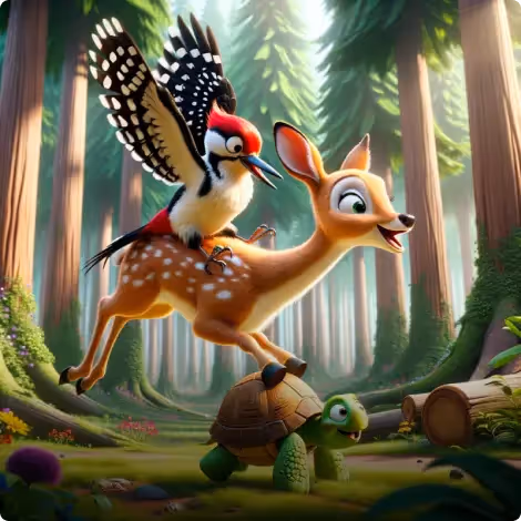 The Woodpecker, Turtle, And Deer