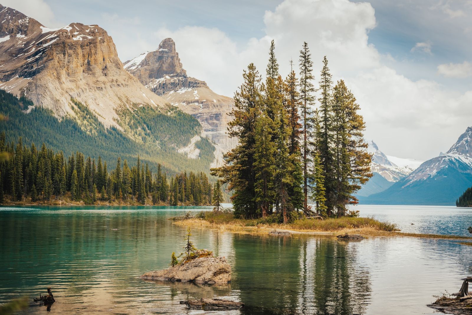 A small island with evergreen trees on a turquoise mountain lake