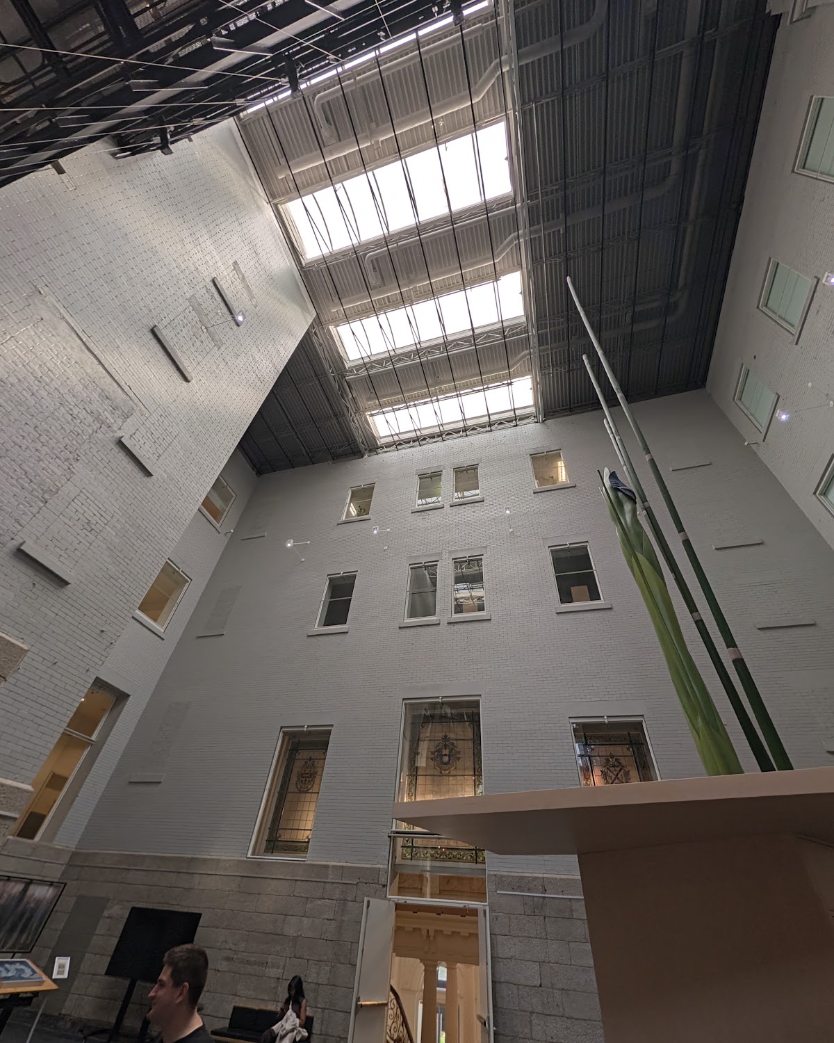 Looking up through the skylit modern atrium of BAnQ's Archives nationales à Montréal