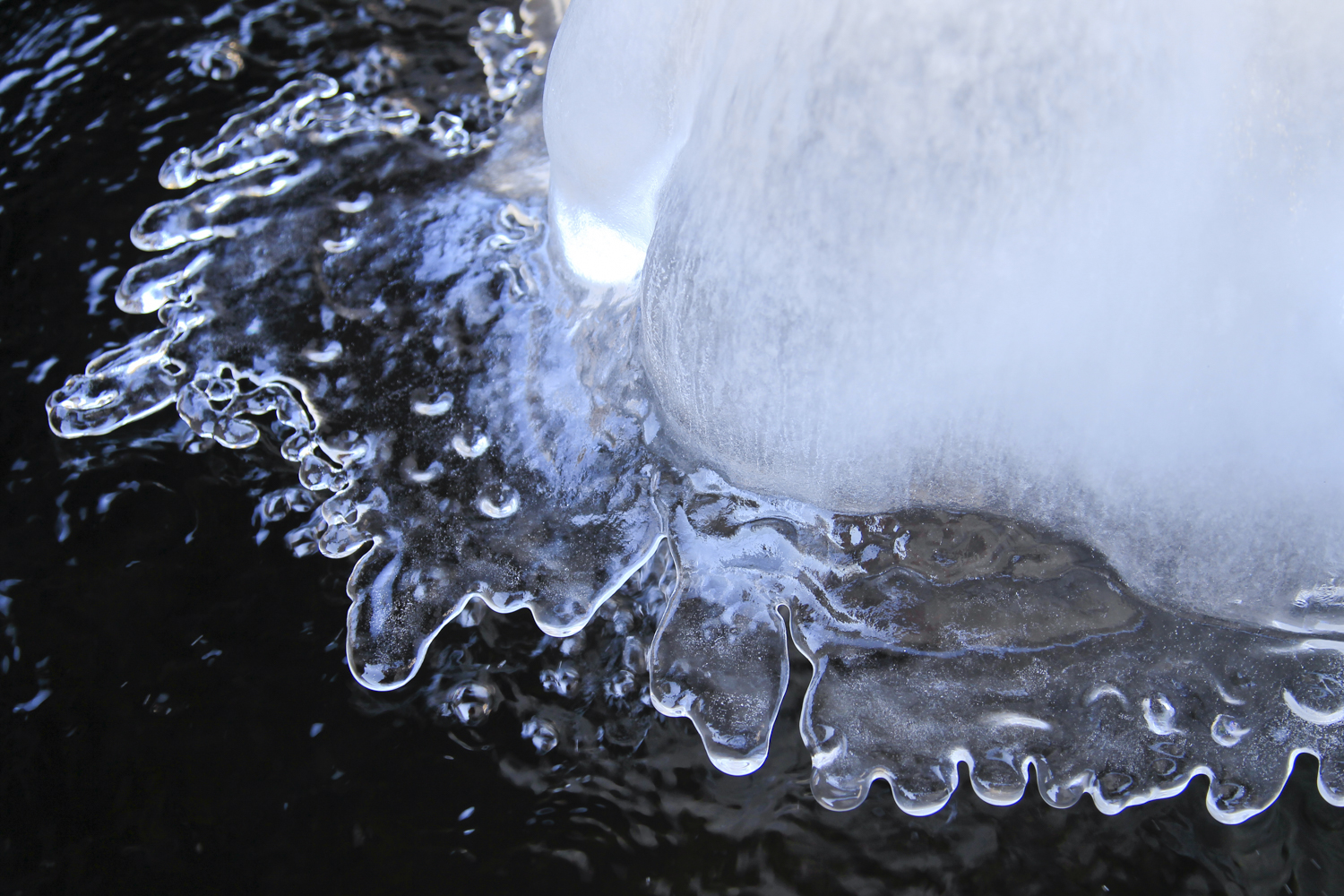 Formation de glace en bord d’eau, contours ondulés et structure cristalline en macro EN : Ice formation along water edge, wavy contours and crystalline macro structure