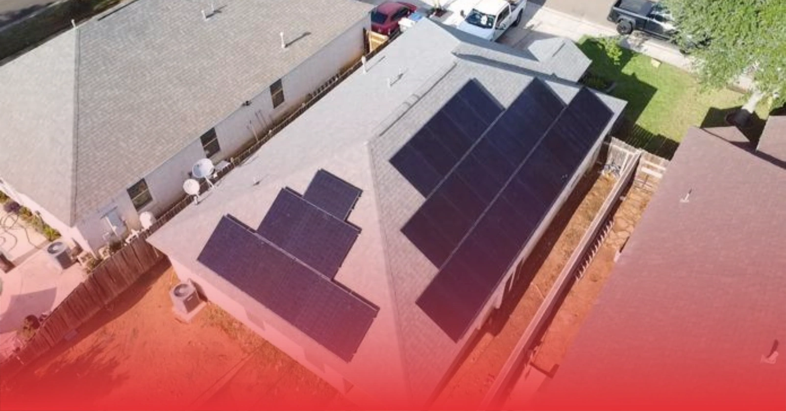 drone shot of house with solar panels on the roof, installed by Lonestar Solar Services
