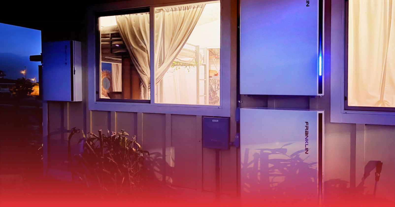 Evening window view with soft curtains and blue-red gradient lighting