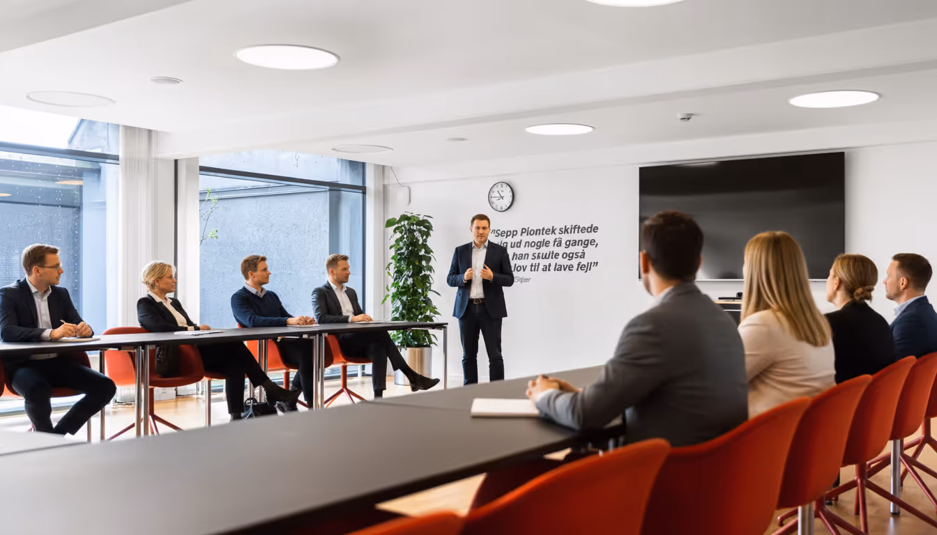 Meeting where man in suit speaks to people at tables
