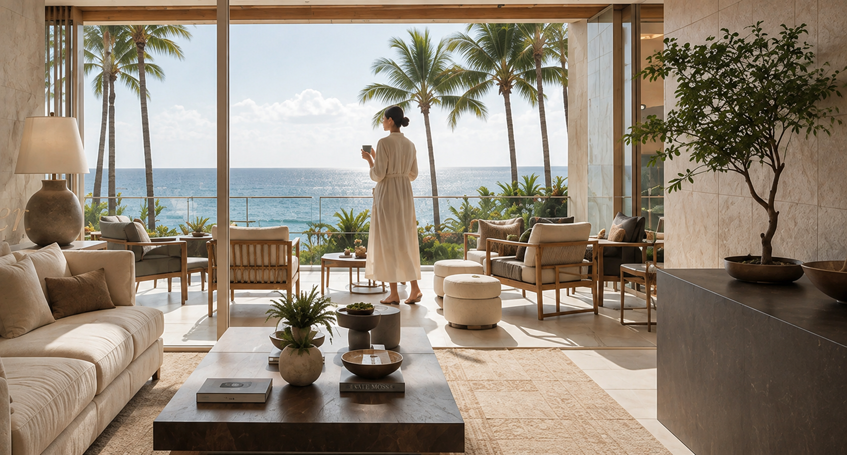 Oceanfront luxury hospitality interior with a guest looking toward the Pacific
