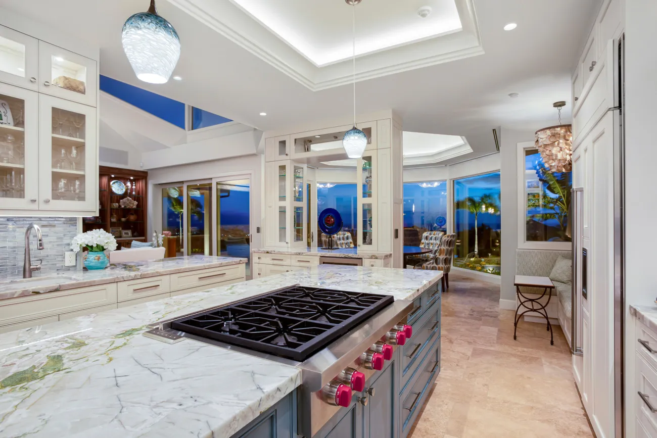 Kapalua residential kitchen with pendant and recessed architectural lighting