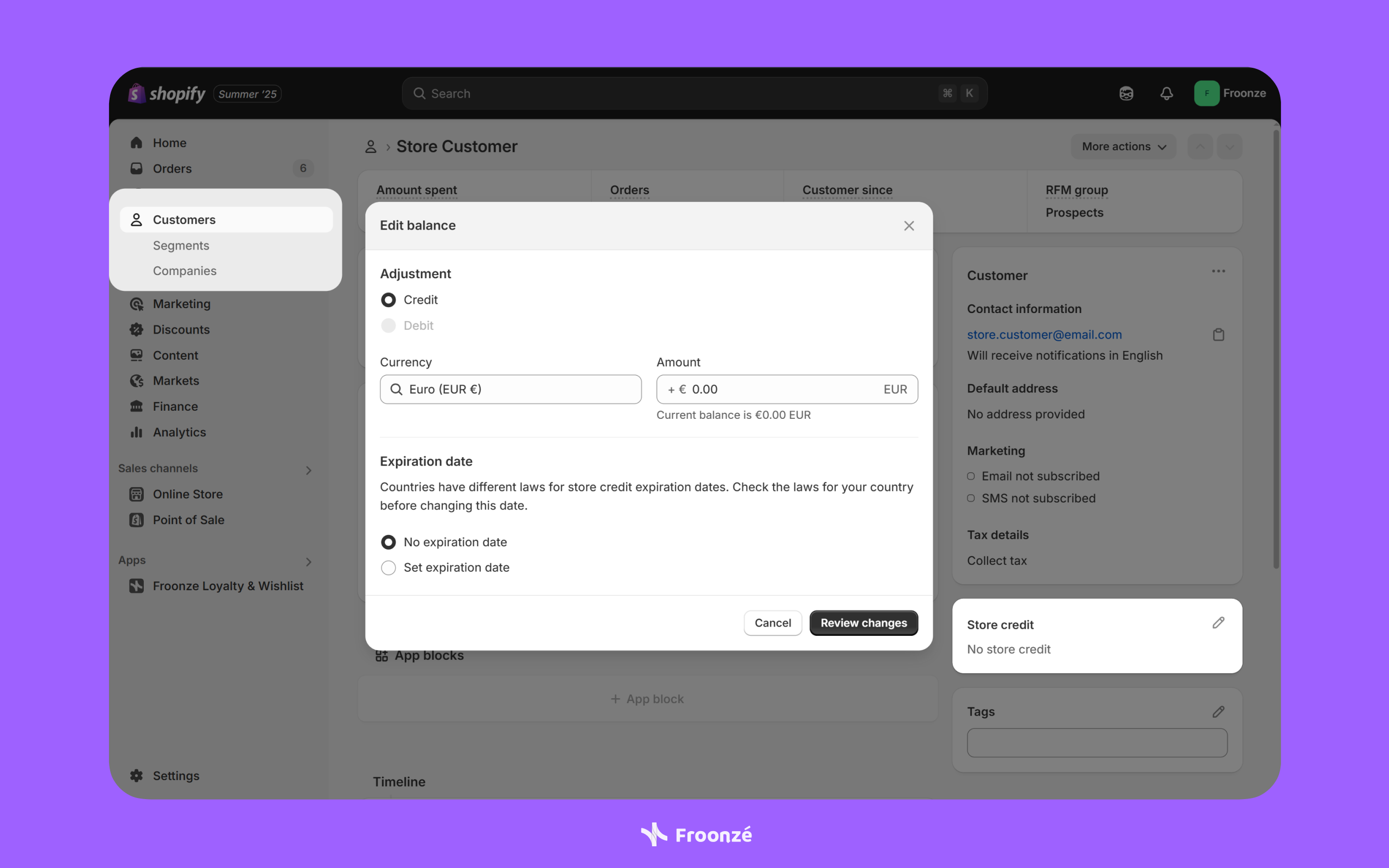 Screenshot showing how to add or remove store credit for customers on Shopify stores